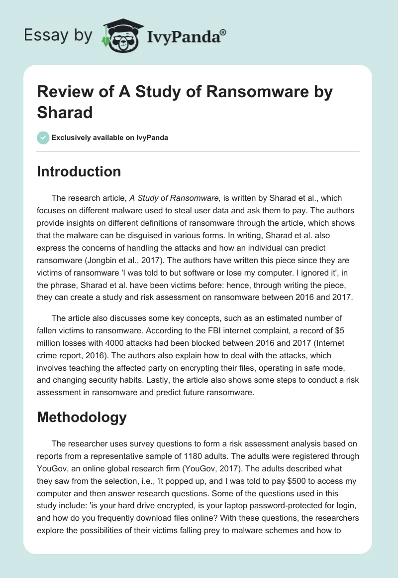 Review of "A Study of Ransomware" by Sharad. Page 1