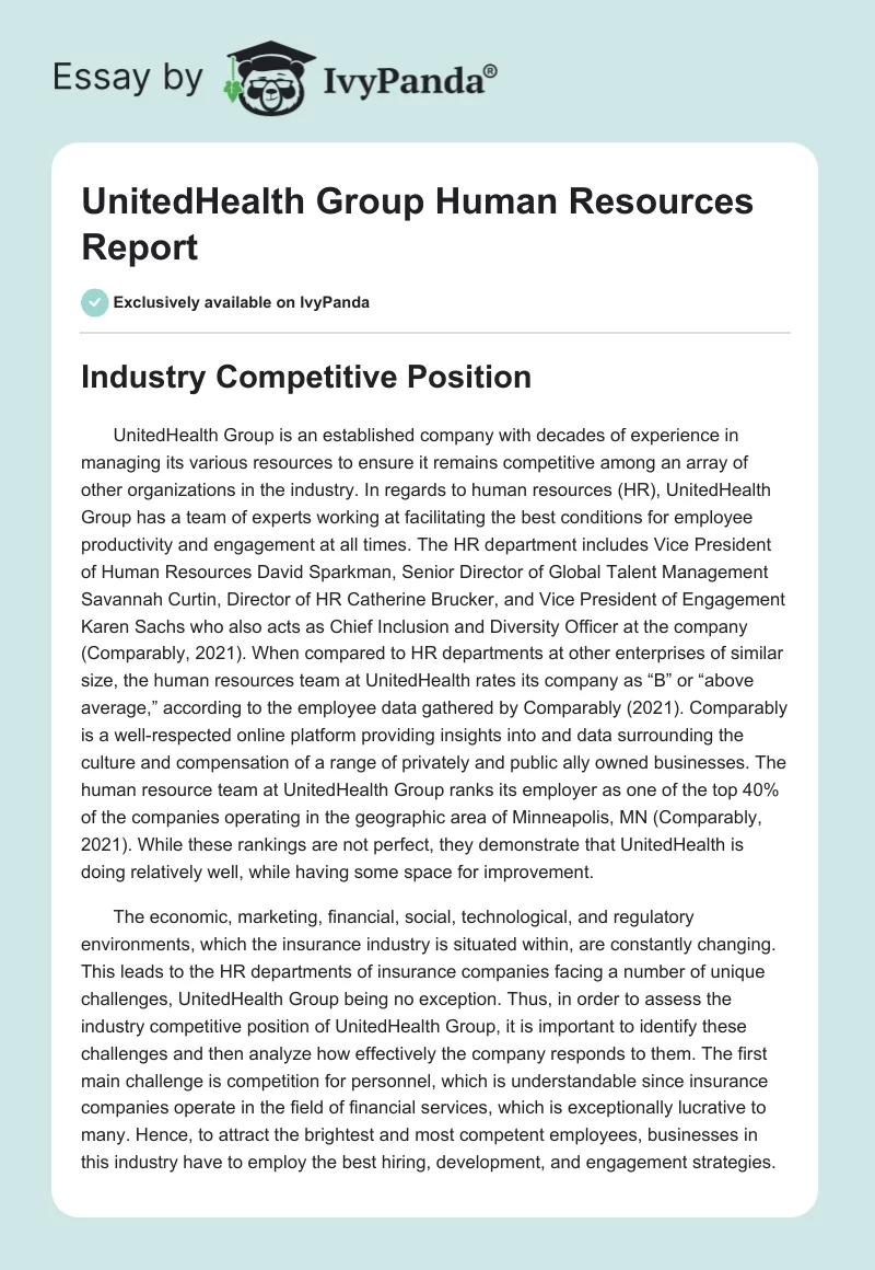 UnitedHealth Group Human Resources Report. Page 1