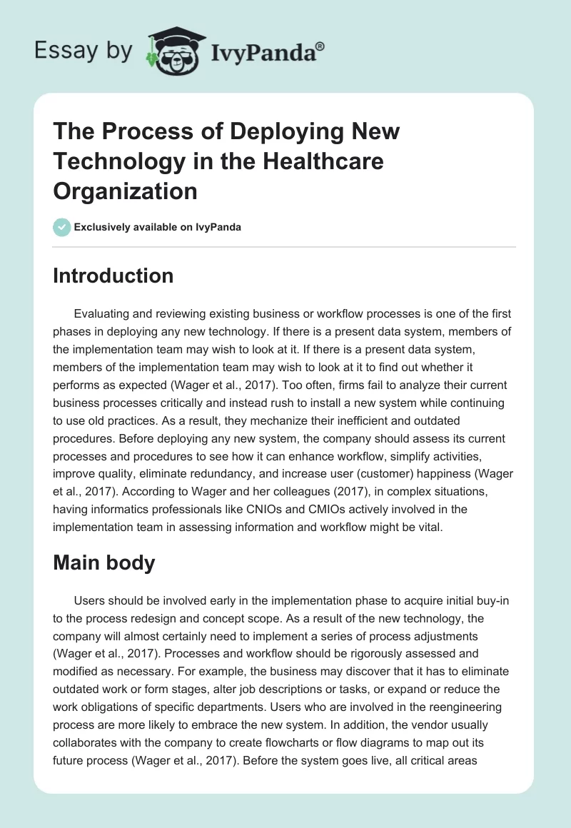 The Process of Deploying New Technology in the Healthcare Organization. Page 1