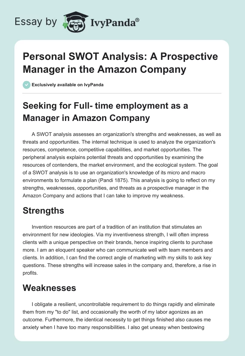 Personal SWOT Analysis: A Prospective Manager in the Amazon Company. Page 1