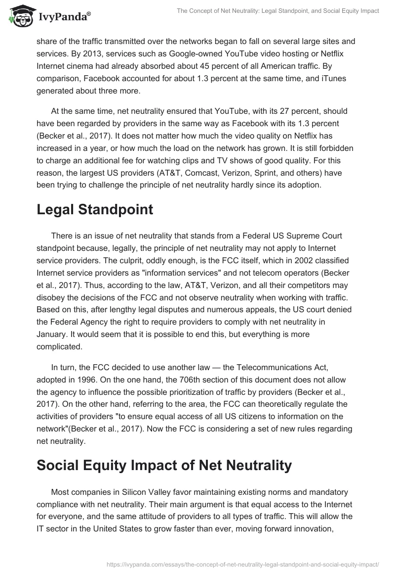 The Concept of Net Neutrality: Legal Standpoint, and Social Equity Impact. Page 2