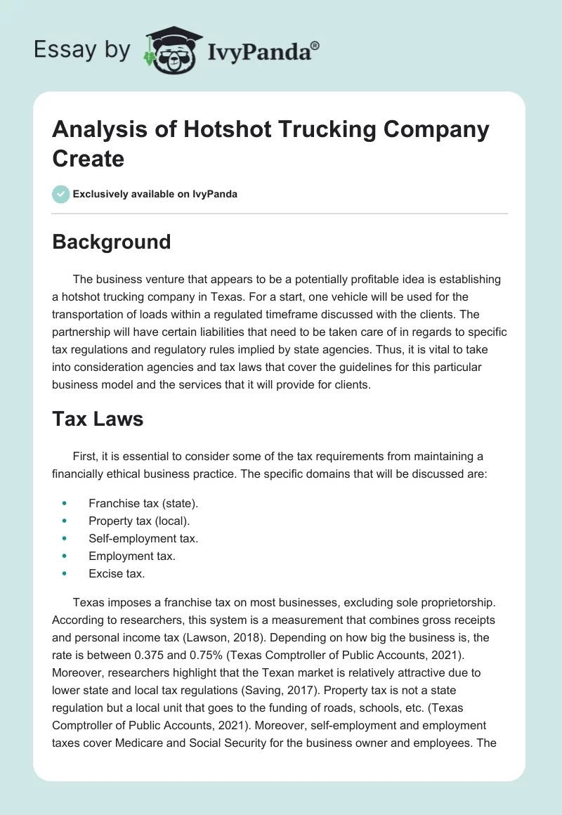 Analysis of Hotshot Trucking Company Create. Page 1