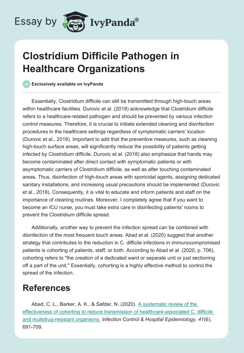 Clostridium Difficile Pathogen in Healthcare Organizations. Page 1