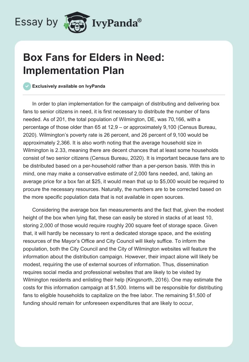 Box Fans for Elders in Need: Implementation Plan. Page 1