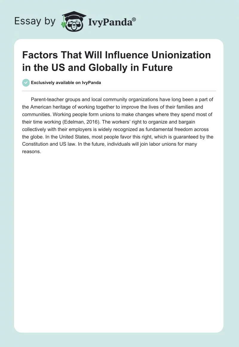 Factors That Will Influence Unionization in the US and Globally in Future. Page 1