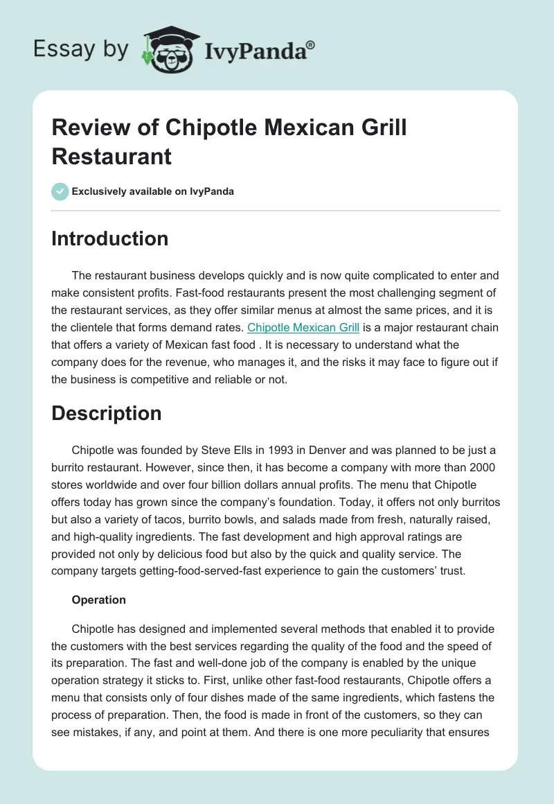 Review of Chipotle Mexican Grill Restaurant. Page 1