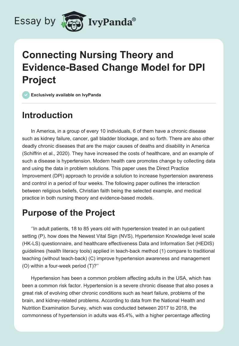 Connecting Nursing Theory and Evidence-Based Change Model for DPI Project. Page 1