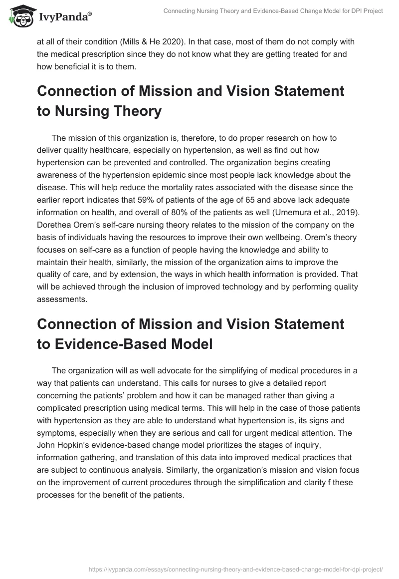 Connecting Nursing Theory and Evidence-Based Change Model for DPI Project. Page 3
