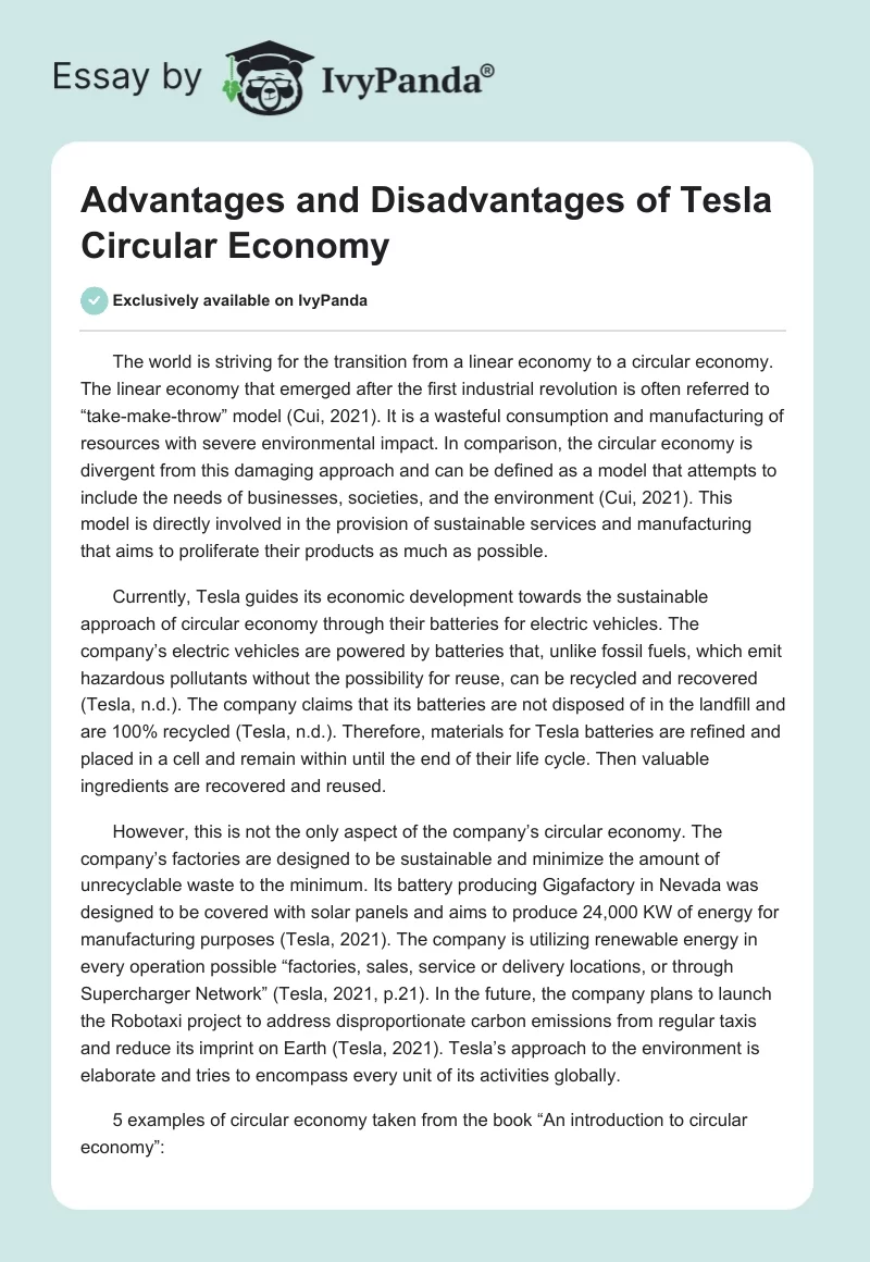 Advantages and Disadvantages of Tesla Circular Economy. Page 1