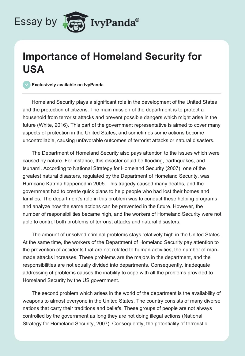 Importance of Homeland Security for USA. Page 1