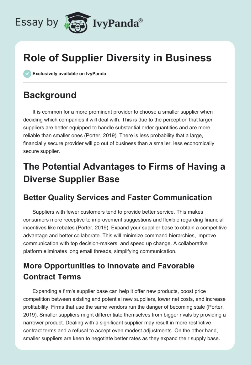 Role of Supplier Diversity in Business. Page 1
