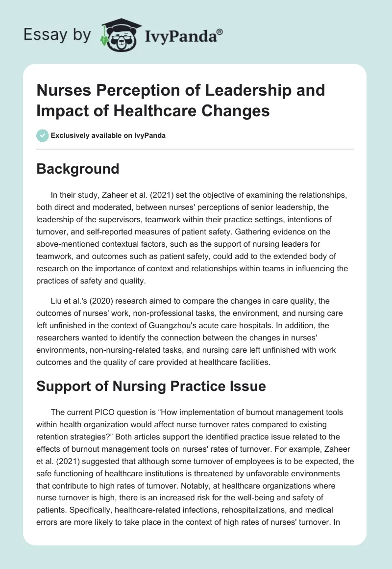 Nurses Perception of Leadership and Impact of Healthcare Changes. Page 1