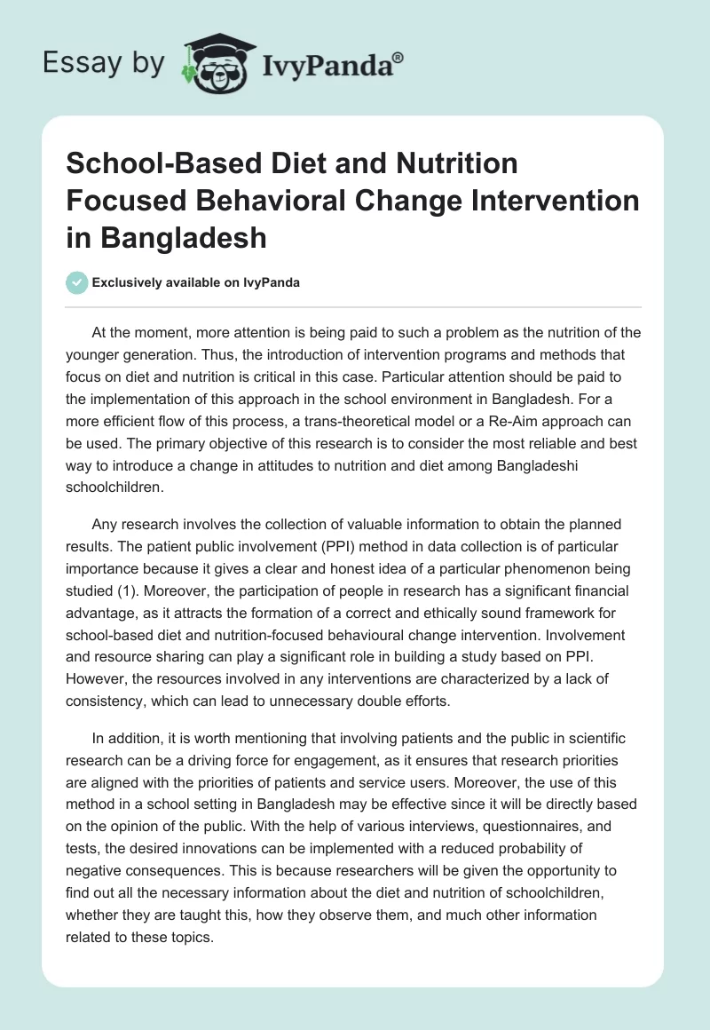School-Based Diet and Nutrition Focused Behavioral Change Intervention in Bangladesh. Page 1