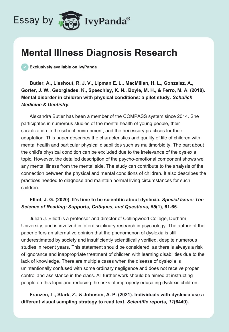 Mental Illness Diagnosis Research. Page 1