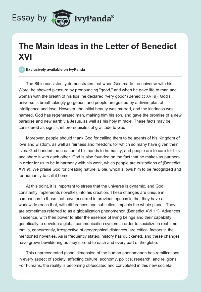 The Main Ideas in the Letter of Benedict XVI. Page 1