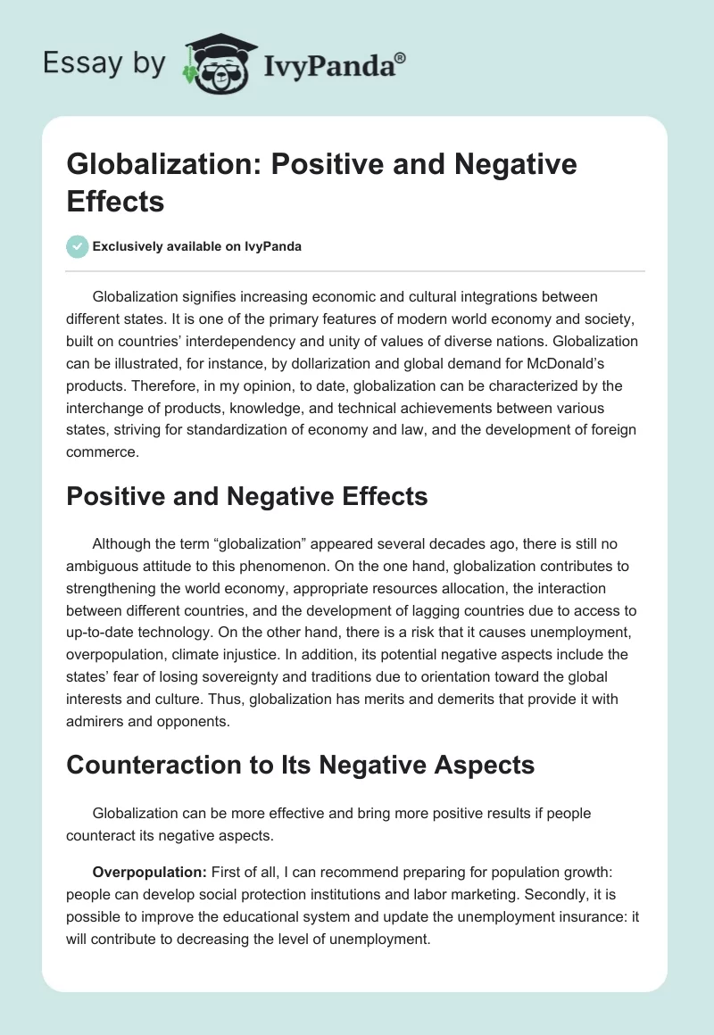 Globalization: Positive and Negative Effects. Page 1