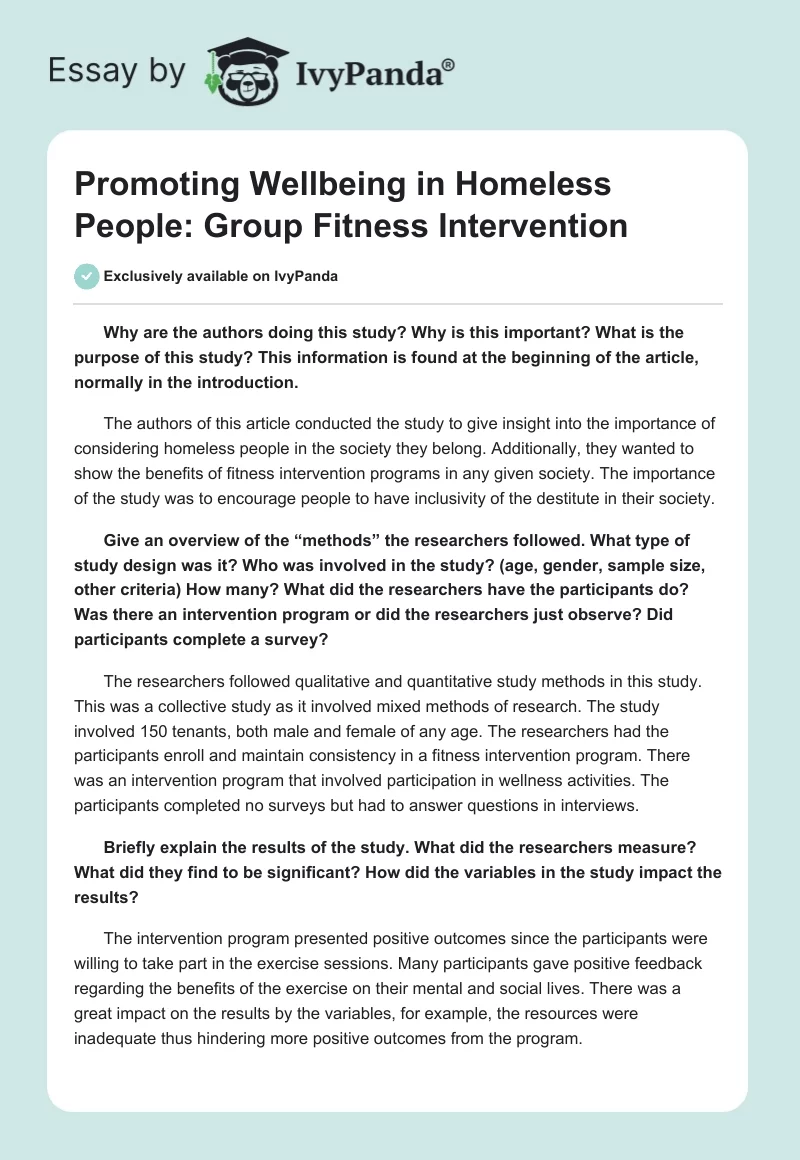 Promoting Wellbeing in Homeless People: Group Fitness Intervention. Page 1