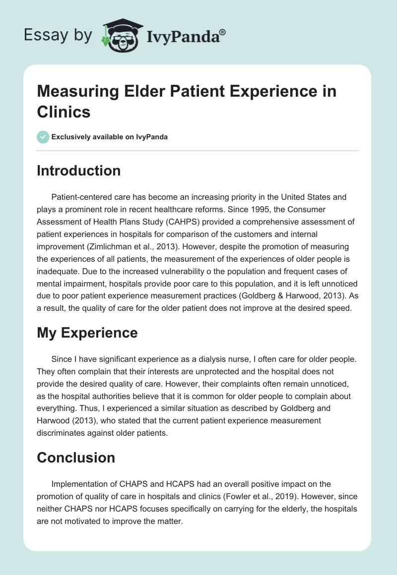 Measuring Elder Patient Experience in Clinics. Page 1