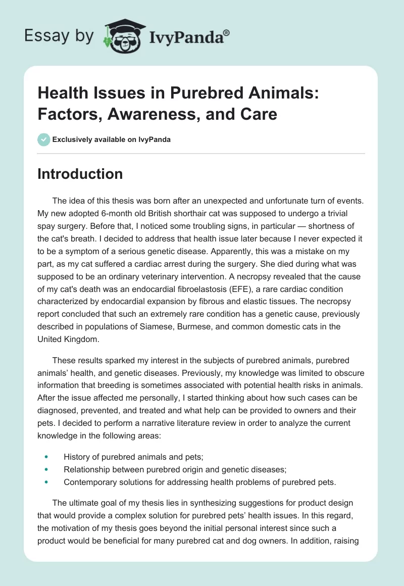 Health Issues in Purebred Animals: Factors, Awareness, and Care. Page 1