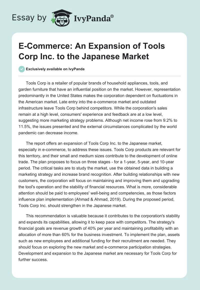 E-Commerce: An Expansion of Tools Corp Inc. to the Japanese Market. Page 1