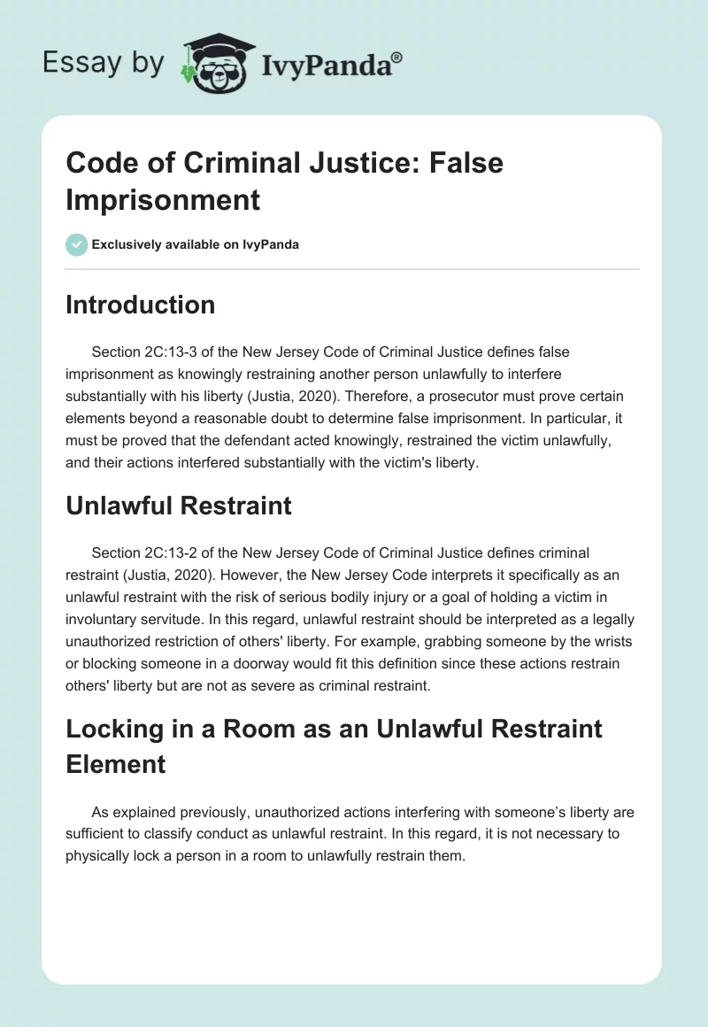 Code of Criminal Justice: False Imprisonment. Page 1