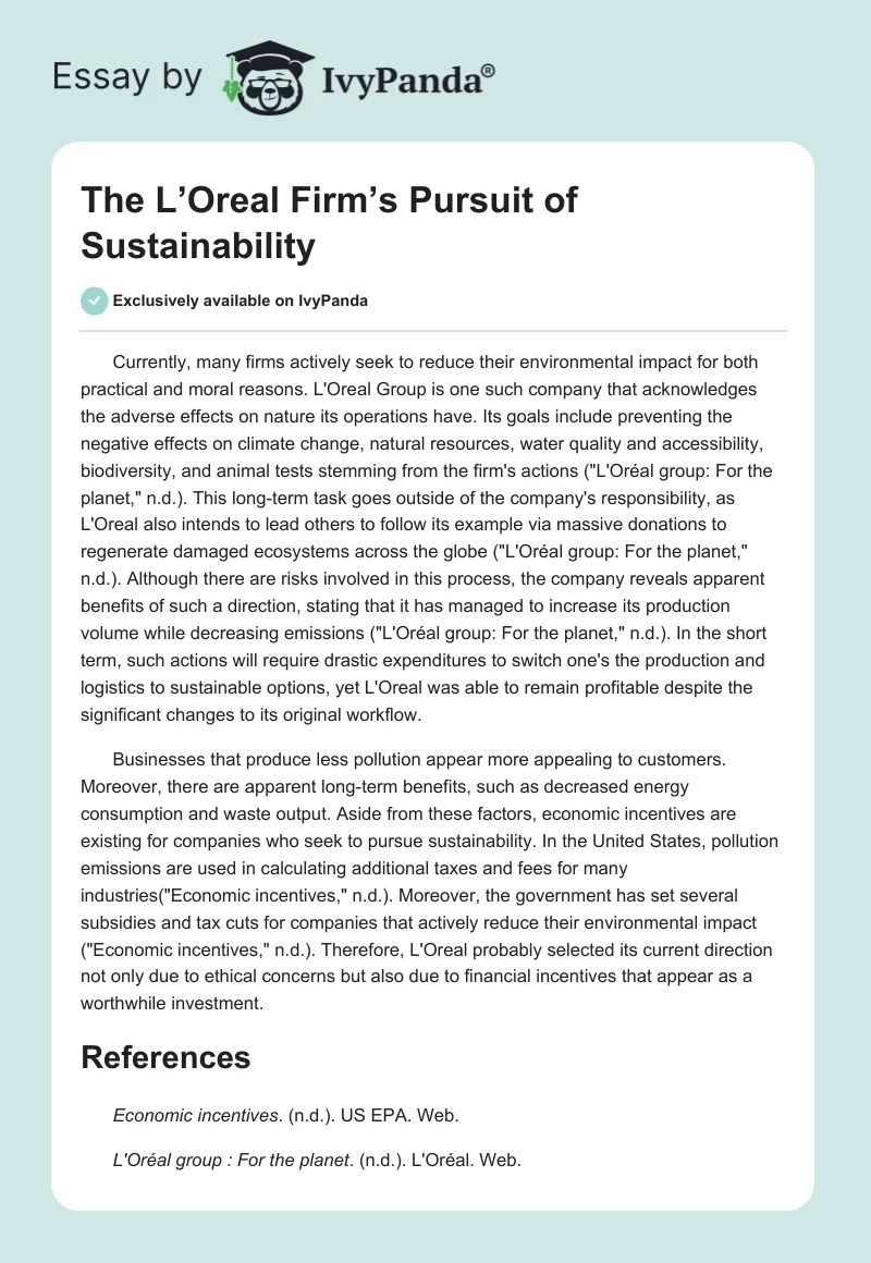 The L’Oreal Firm’s Pursuit of Sustainability. Page 1