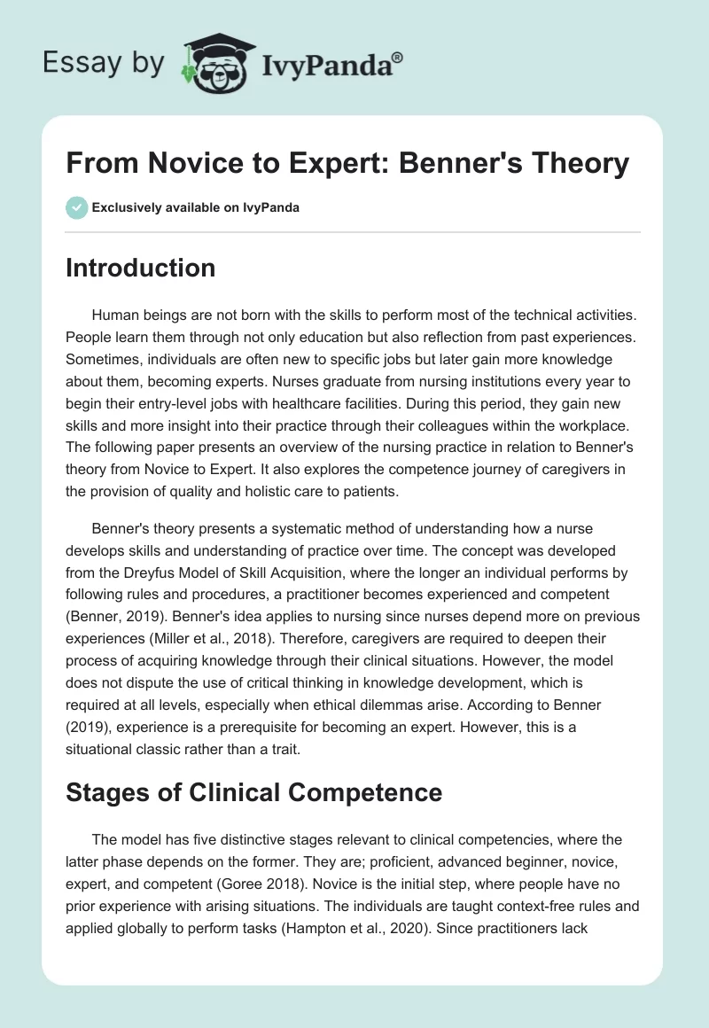 From Novice to Expert: Benner's Theory. Page 1