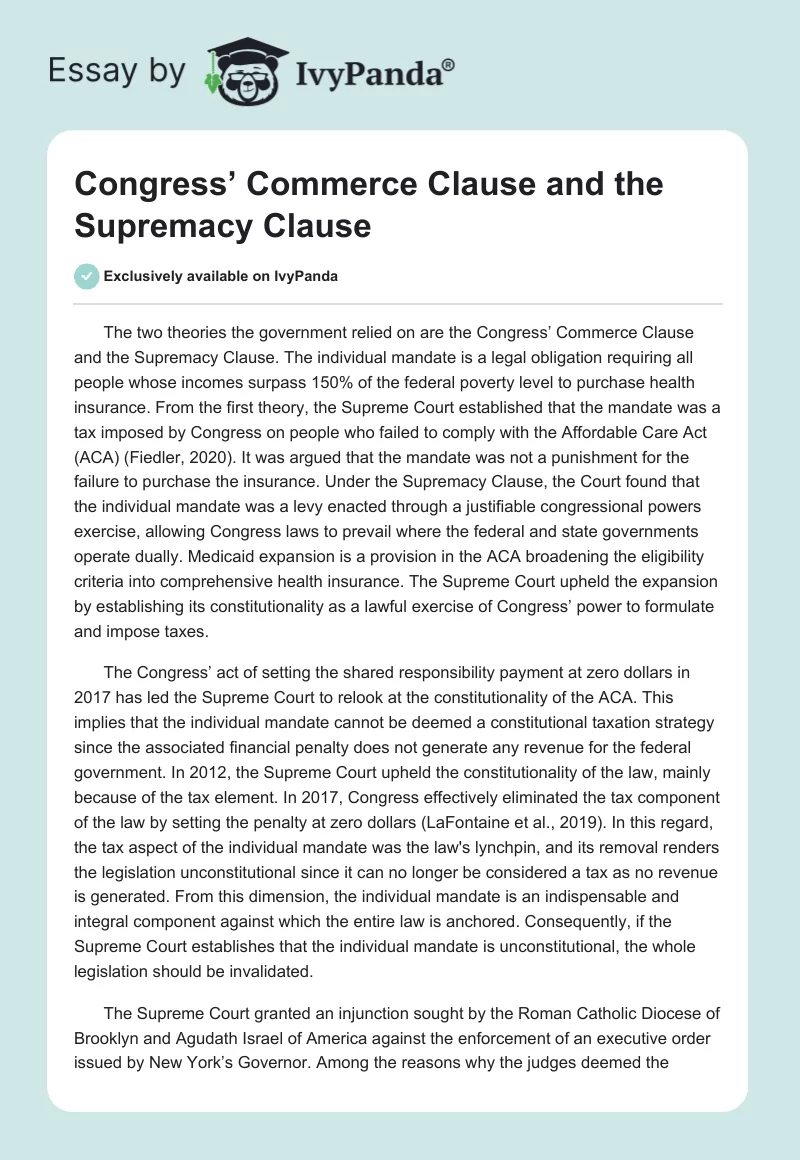 Congress’ Commerce Clause and the Supremacy Clause. Page 1