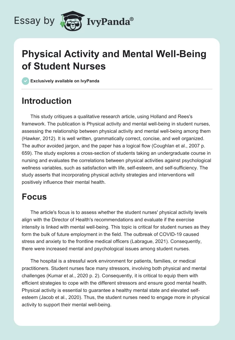 Physical Activity and Mental Well-Being of Student Nurses. Page 1
