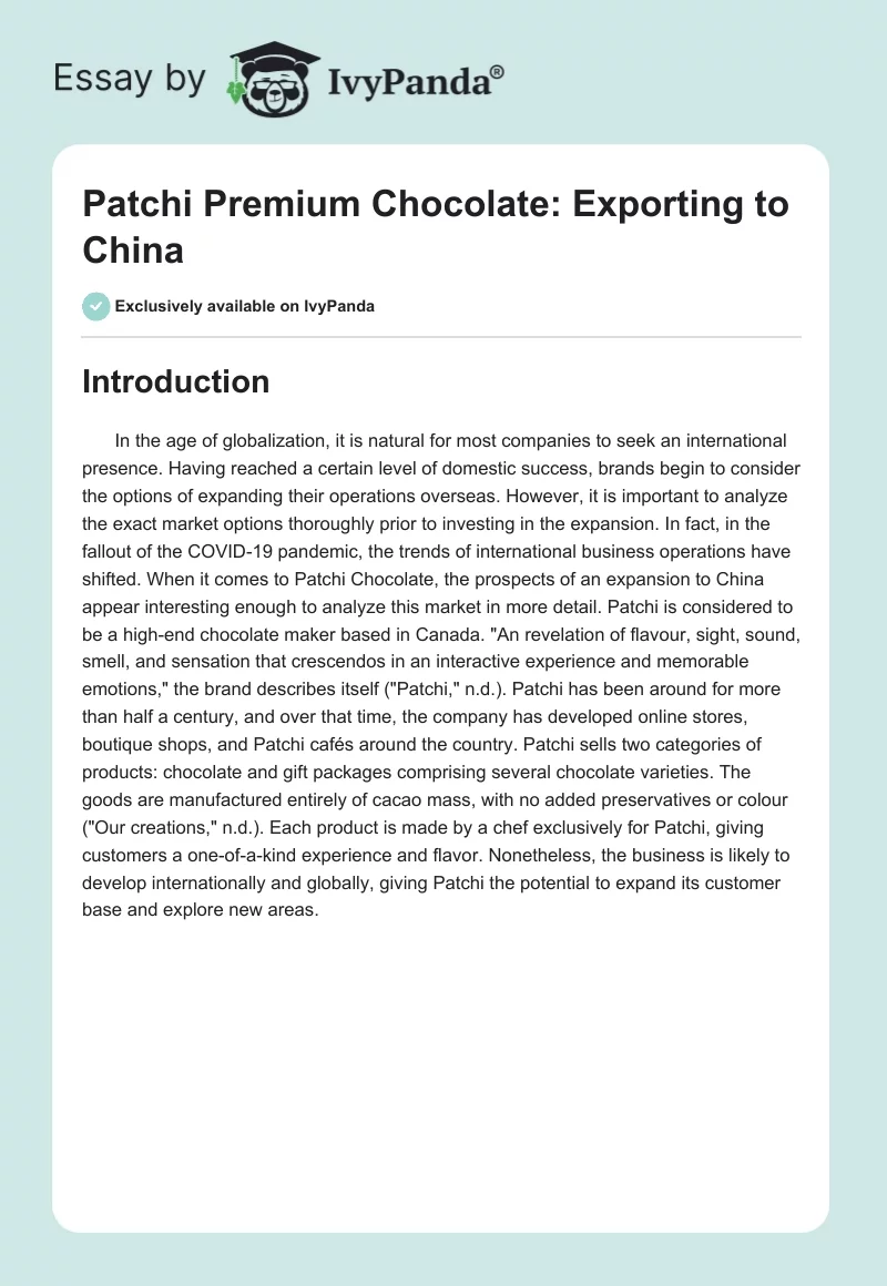 Patchi Premium Chocolate: Exporting to China. Page 1