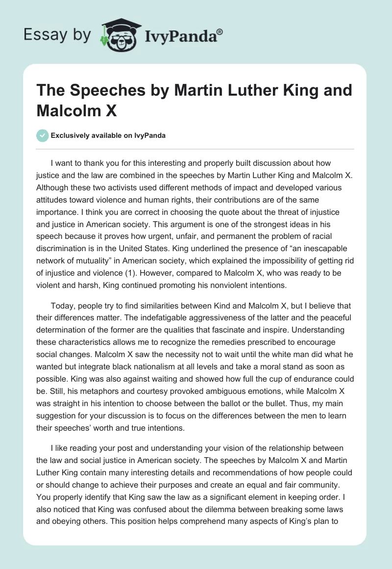 The Speeches by Martin Luther King and Malcolm X. Page 1