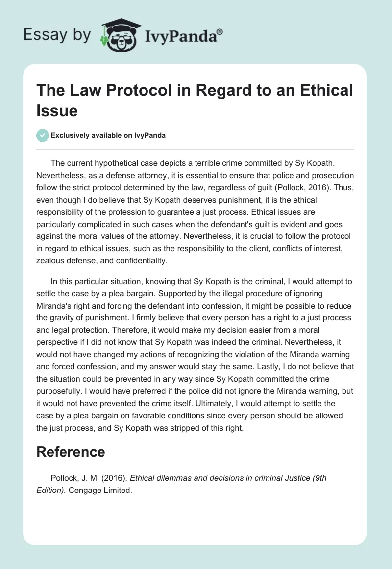 The Law Protocol in Regard to an Ethical Issue. Page 1