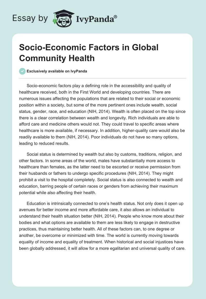 Socio-Economic Factors in Global Community Health. Page 1