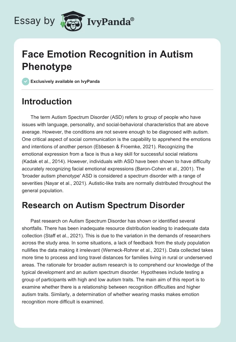 Face Emotion Recognition in Autism Phenotype. Page 1