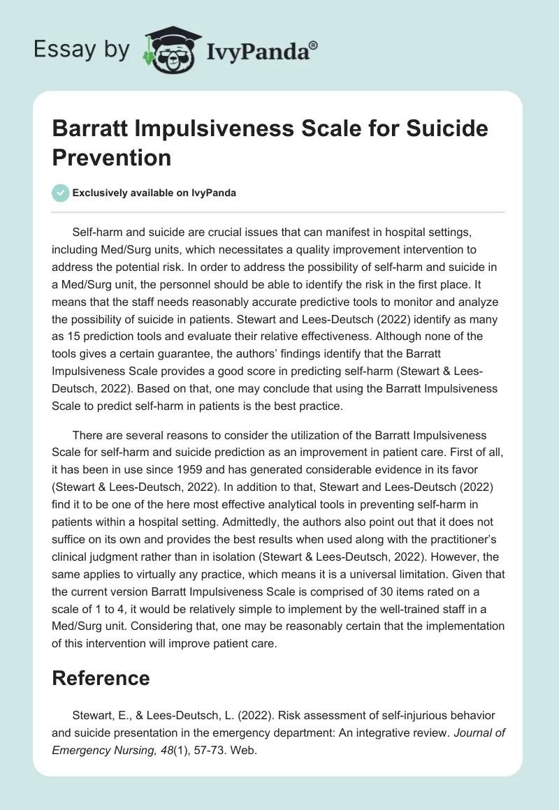 Barratt Impulsiveness Scale for Suicide Prevention. Page 1