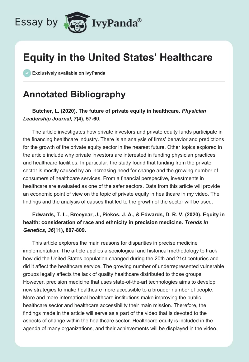 Equity in the United States' Healthcare. Page 1