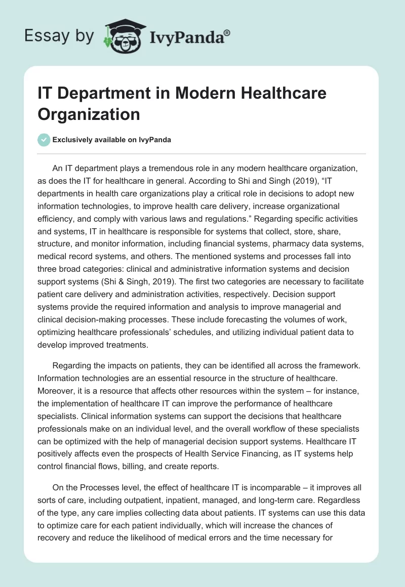 IT Department in Modern Healthcare Organization. Page 1