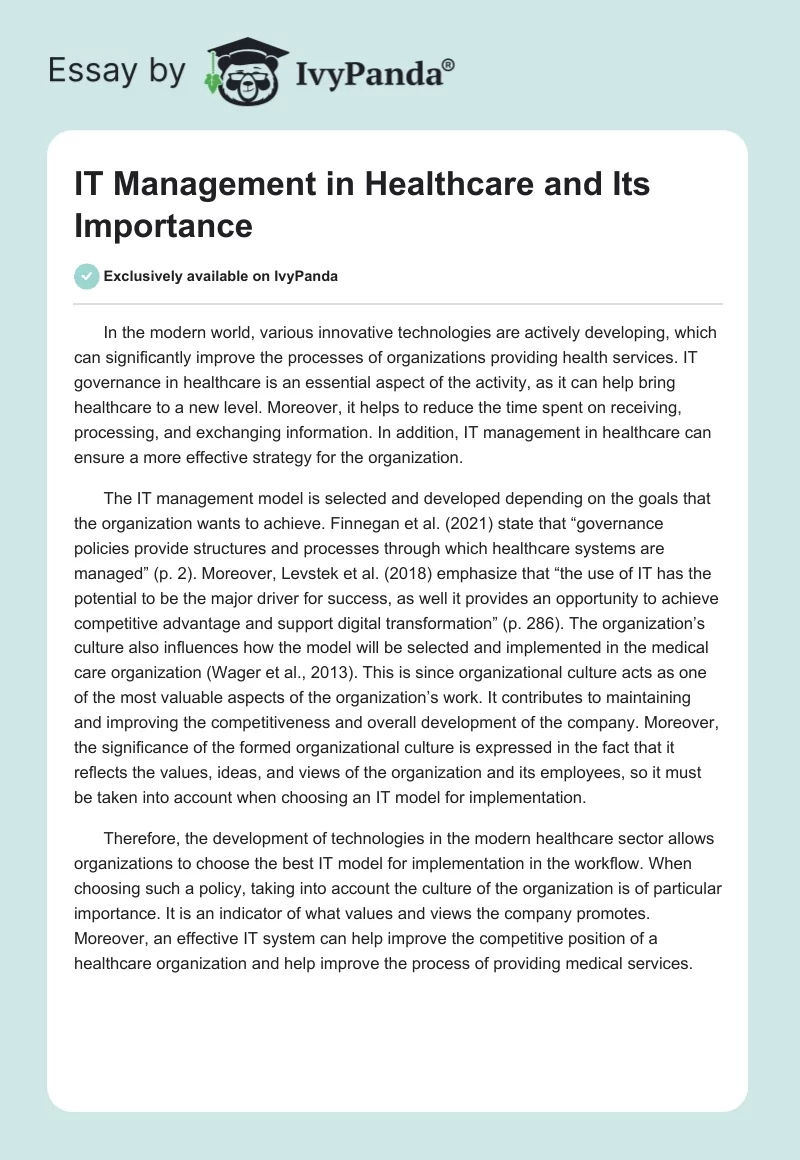 IT Management in Healthcare and Its Importance. Page 1