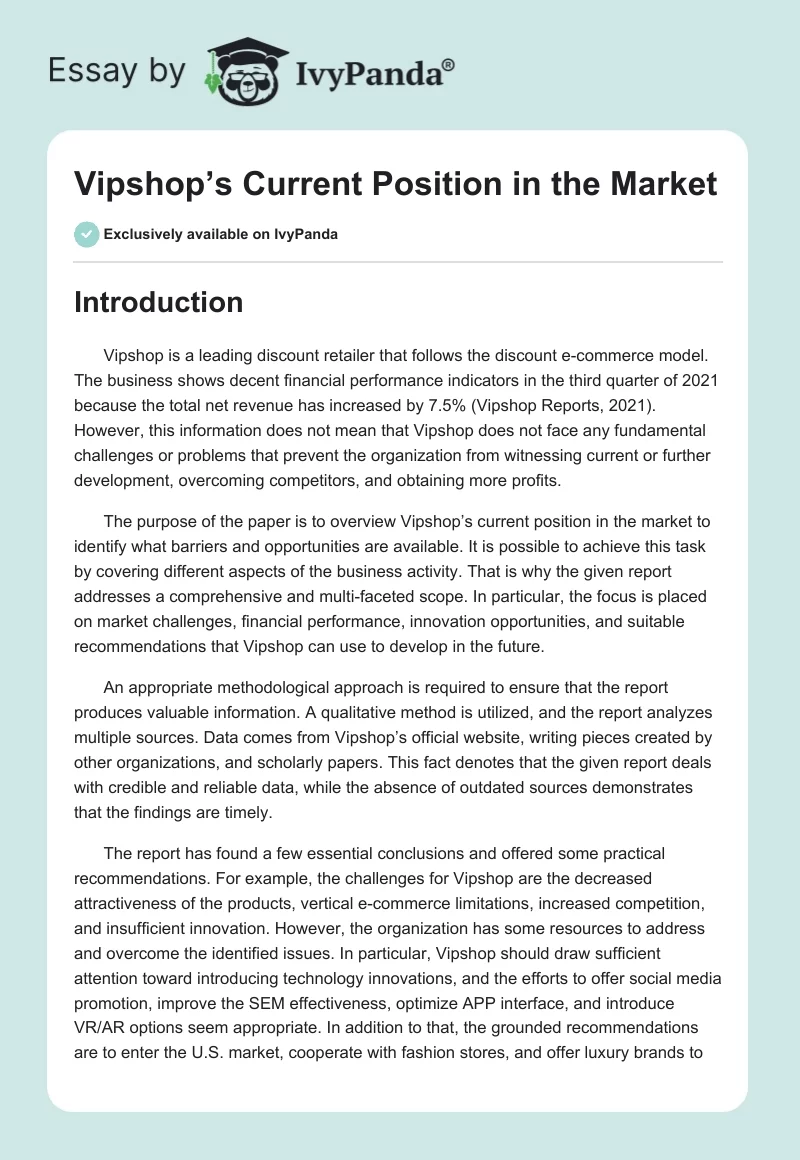 Vipshop’s Current Position in the Market. Page 1