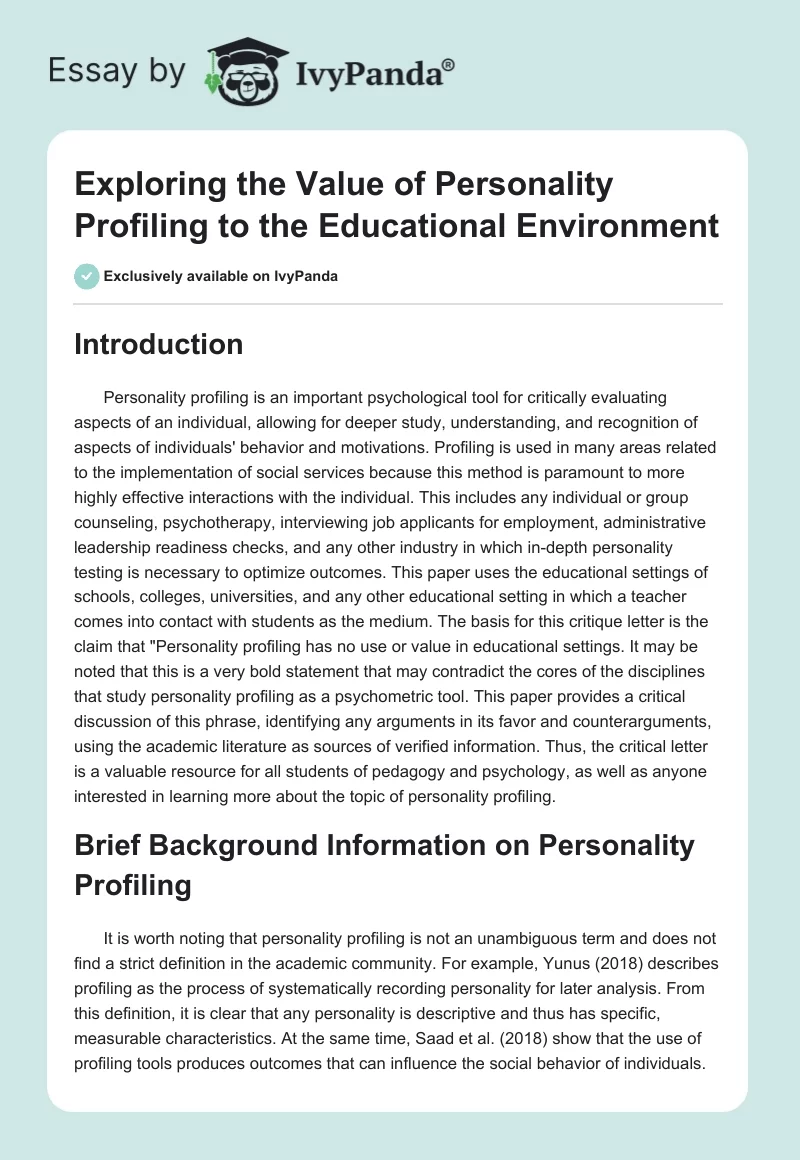 Exploring the Value of Personality Profiling to the Educational Environment. Page 1