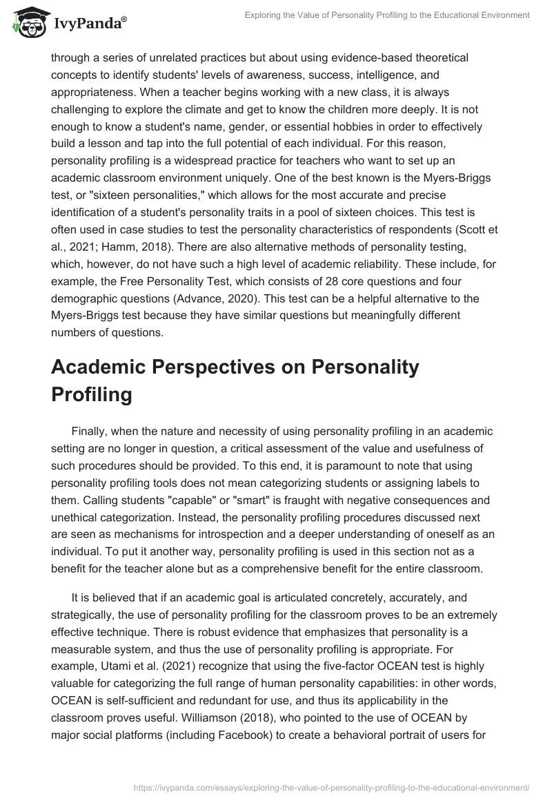 Exploring the Value of Personality Profiling to the Educational Environment. Page 3