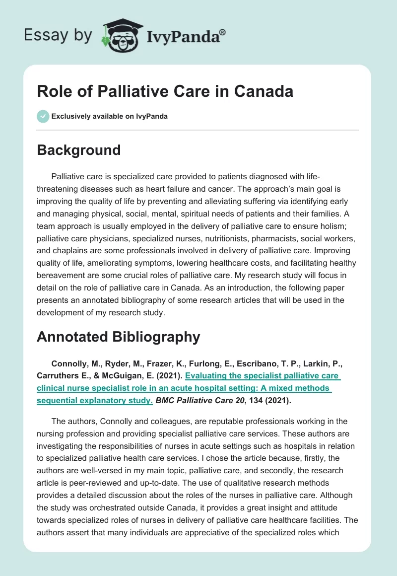 Role of Palliative Care in Canada. Page 1
