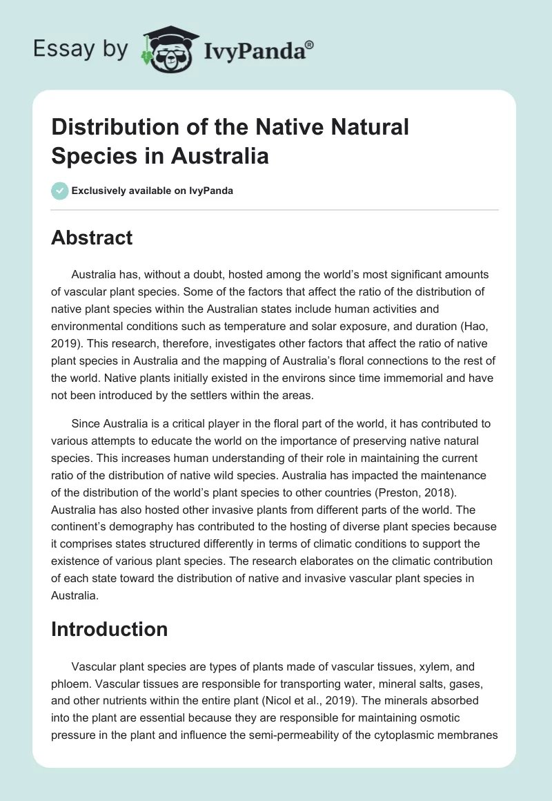 Distribution of the Native Natural Species in Australia. Page 1