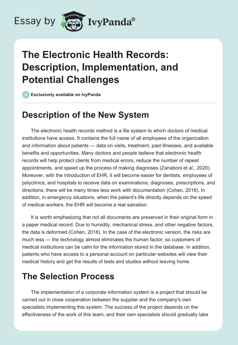 The Electronic Health Records: Description, Implementation, and Potential Challenges. Page 1