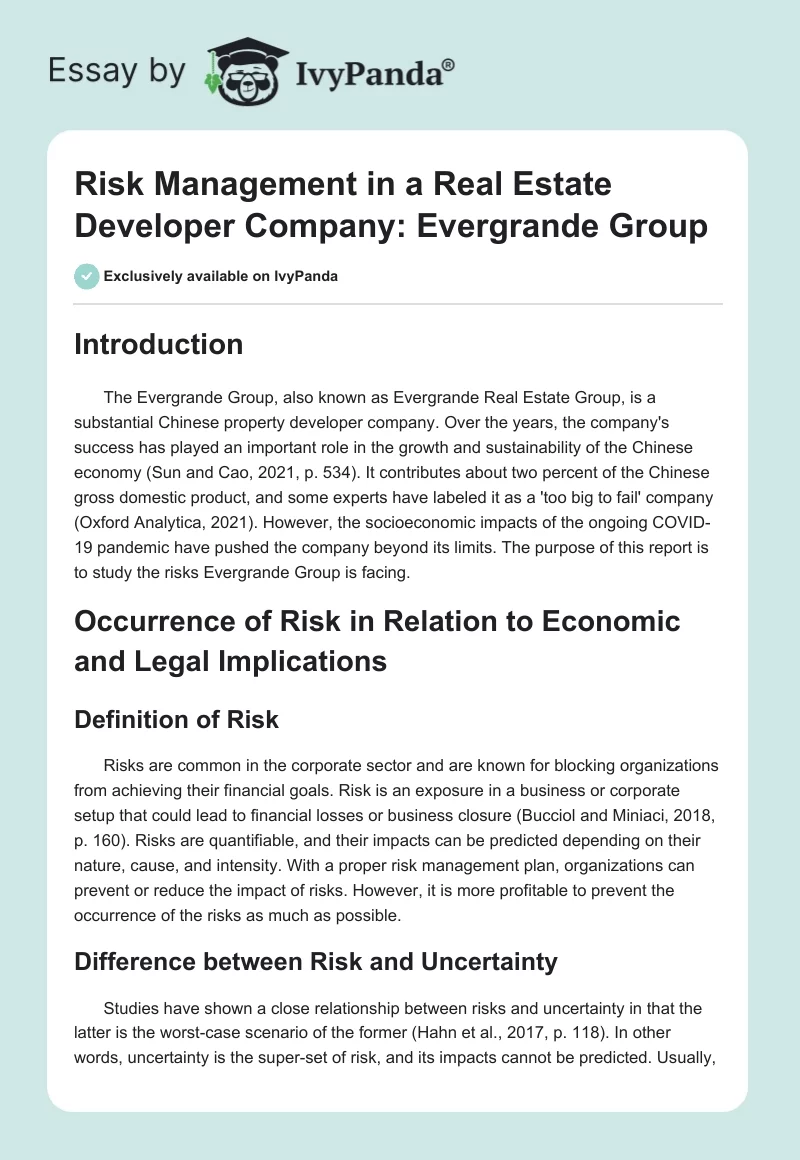 Risk Management in a Real Estate Developer Company: Evergrande Group. Page 1