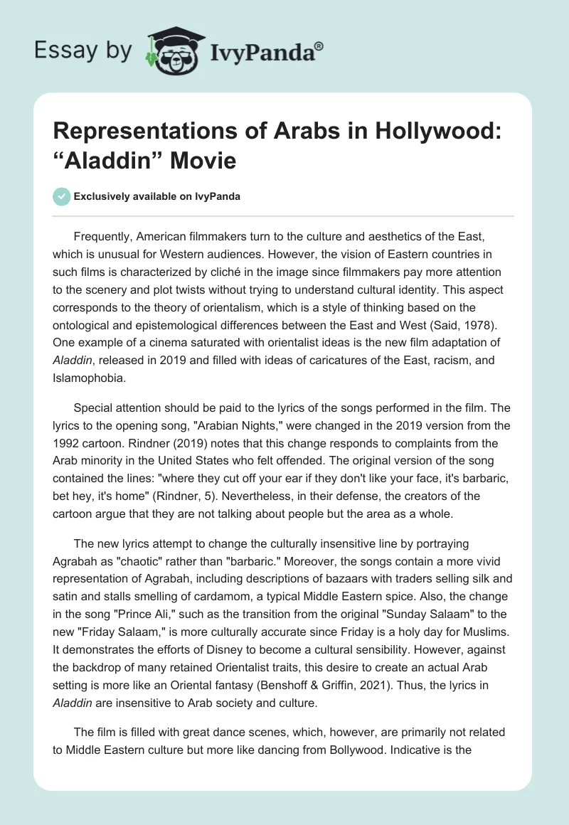 Representations of Arabs in Hollywood: “Aladdin” Movie. Page 1