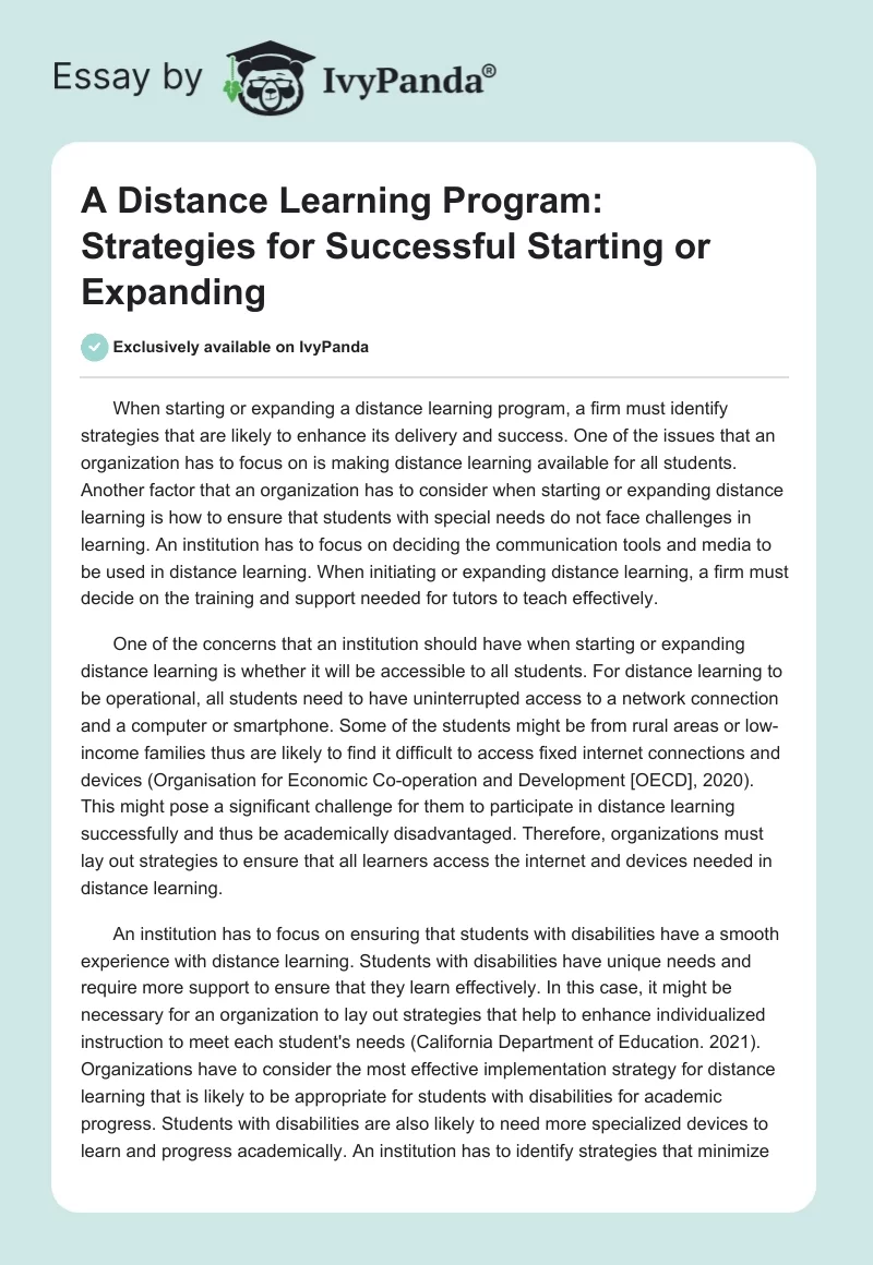 A Distance Learning Program: Strategies for Successful Starting or Expanding. Page 1