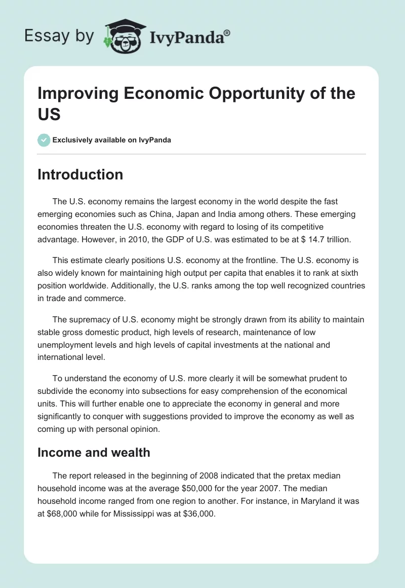Improving Economic Opportunity of the US. Page 1