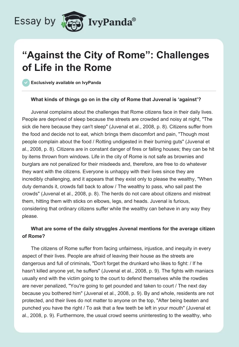 “Against the City of Rome”: Challenges of Life in the Rome. Page 1