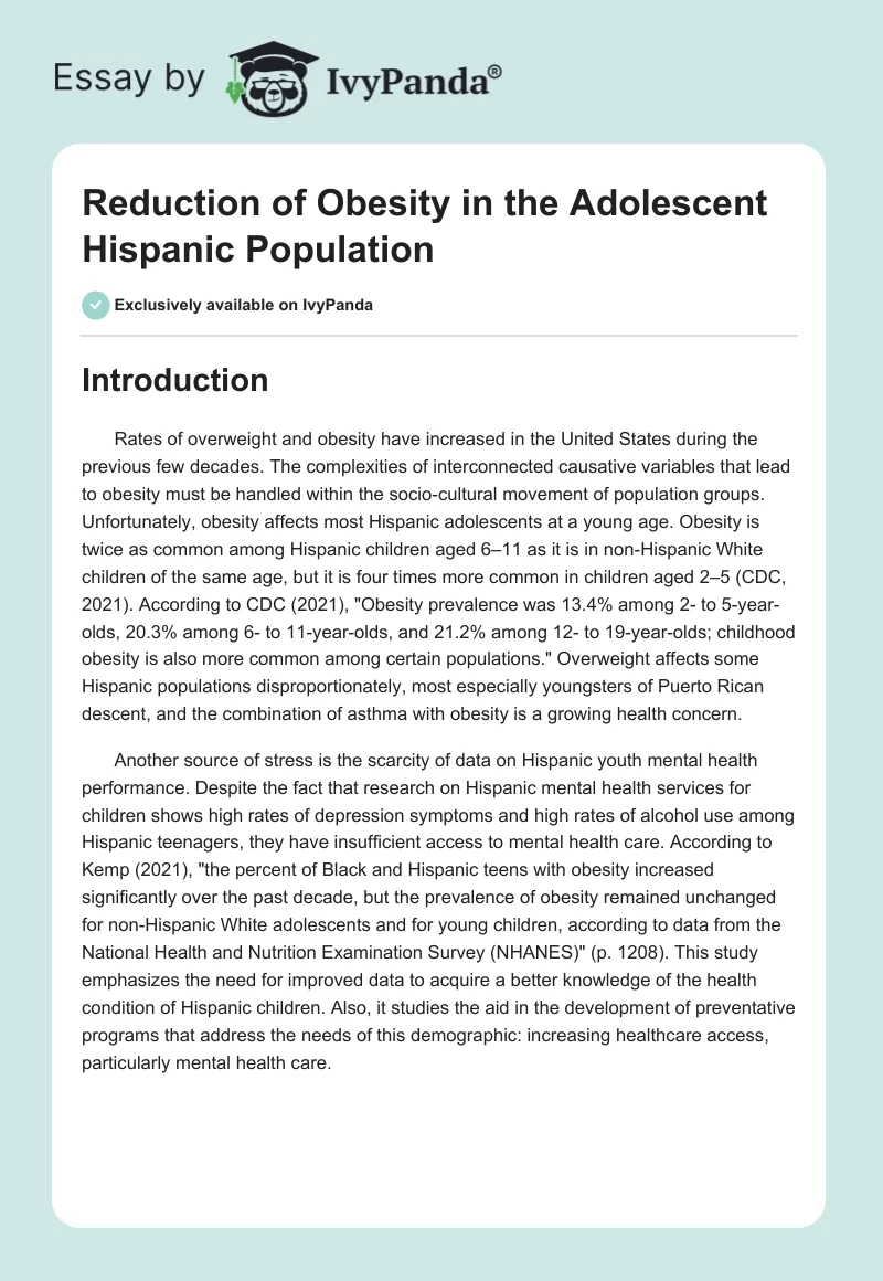 Reduction of Obesity in the Adolescent Hispanic Population. Page 1